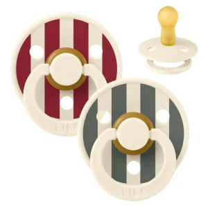 BIBS Round Colour Pacifier - 2-Pack - Size 2 - Natural Rubber - Block Studio - Ruby/Pine Mix
